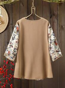Lacomfia Casual Floral Print Long Sleeve Loose Fit Regular Size Blouse, Suitable For Spring/Summer, Plus Size