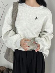 DAZY 女式圆领宽松套头衫，带字母刺绣 - 灰色 - 查看 5