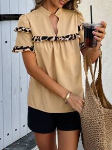 SHEIN LUNE Bluzka damska z nadrukiem w panterkę i falbanką - Kolor khaki - Zobacz 4