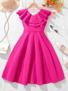 Teen Girls' Solid Color Ruffle Splice Round Neck Tie Waist Fashion Mini Dress - Hot Pink - View 2