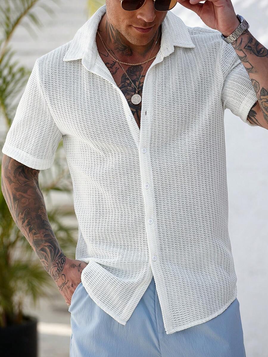 Manfinity CasualCool Camisa ajustada de manga corta con estampado de contraste casual para hombre, ropa de hombre para primavera y verano, regalo para el novio