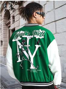 Manfinity VCAY 男士数码印花宽松长袖棒球夹克/外套，适合秋冬 - 綠色 - 查看 6