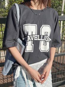 FRIFUL Women Loose Fit Round Neck Large Letter Print T-Shirt Oversized T-Shirt - Grey - View 8