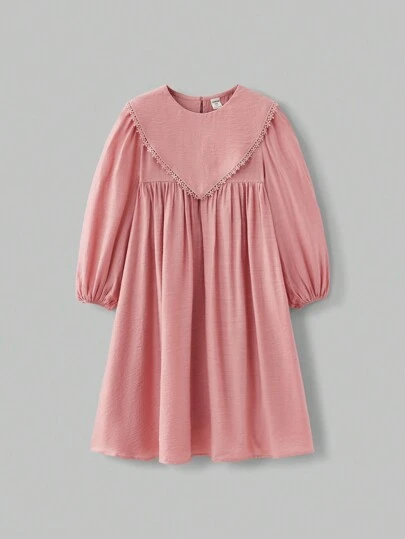 Ontre 复古荷叶边领超大泡泡袖 A 字形宽松粉色休闲连衣裙，适合少女，休闲，舒适，适合日常穿着、度假、春夏季