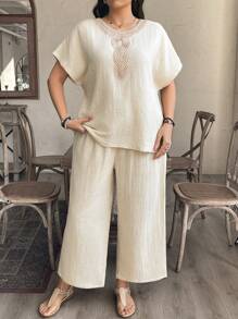 SHEIN LUNE Plus Size Chillax Mother's Day Cozy Fit Women Military Green-Color Casual Decorative Collar Summer Western Wear Women Boho Bohemian 90s Clothes Festival Modesty Clothes Women Outfits Western Wear Women Cowgirl Outfit Boho Bohemian Country Summer Boho Old Money Summer Outfits For Women Rave Outfits Festival Outfits Slouchy Casual Style Bohemian 2pcs/Set - Beige - View 3