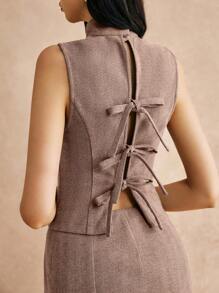 Poéselle 女士立领系腰上衣和迷你裙两件套，通勤装 - 卡其色 - 查看 6