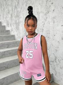 SHEIN Tween 女童运动街头服饰字母印花针织无袖短裤 2 件套 - 西瓜粉 - 查看 6