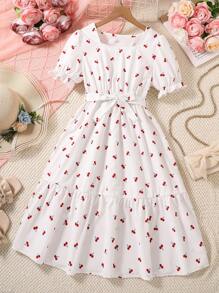 Tween Girl Cherry Print Long Dress, Summer - White - View 7