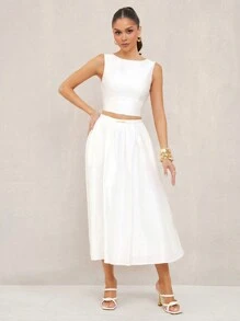 Lumalex 白色夏季優雅派對之夜緞面圓領露背無袖緊身女上衣，波希米亞 BOHO 風格，適合海灘、婚禮、宴會、畢業典禮 - 白色 - 查看 6