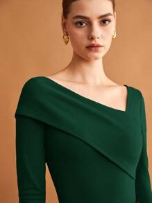 BizChic 春夏新款绿色女式上衣，纯色不对称领弹力T恤，商务休闲时尚都市通勤日常百搭浪漫90年代复古风圣诞节新年情人节派对海滩毕业典礼时尚嘉年华假日休闲简约浪漫风，适合婚礼宾客、主人、约会、派对、音乐会、早午餐、机场等多种场合。 - 墨綠色 - 查看 6