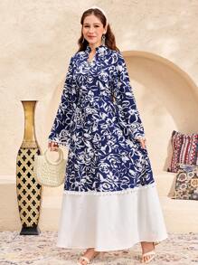 SHEIN Elegant Holiday Vacation Festival Teen Girls Blue & White Woven Colorblock Print V-Neck Flare Sleeve Dress, Suitable For Eid, National Day, Eid Al-Fitr, Eid Al-Adha - Blue and White - View 4