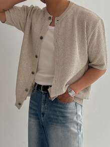 DAZY Men's Apricot Textured Fabric Cardigans, Summer - Apricot - View 2