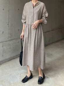 FRIFUL Women's Loose Solid Color Midi Linen Dress