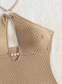 SHEIN Swim Summer Women's Sexy Textured Fabric Lace-Up Halter Hollow One-Piece Swimsuit With Circle Decoration - Khaki - View 6