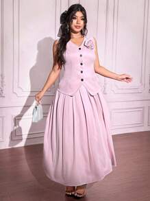 Cravure Plus Size 2pcs/Set Floral Decorated Pleat Detailed Waistcoat & A-Line Skirt - Pink - View 3
