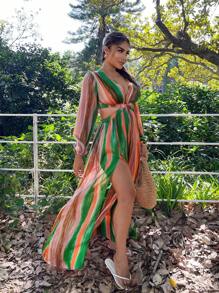 SHEIN SXY 女式扎染深 V 领长袖高开衩连衣裙、女士度假装、女士夏季装、女士海滩装、女士性感巡航装、女士春季装、海滩度假 - 彩色 - 查看 3