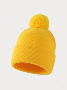 1pc Women's Solid Color Cute Pompom Knit Beanie, Versatile