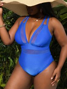 Slaydiva Plus Size Sexy Deep V Neck Mesh Panel Cami Sleeveless One Piece Swimsuit For Summer Beach Vacation - Royal Blue - View 3