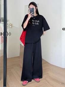 DAZY 2件套女士街头休闲字母图案T恤，春夏女士家居服套装 - 藏蓝色 - 查看 4