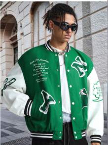 Manfinity VCAY 男士数码印花宽松长袖棒球夹克/外套，适合秋冬 - 綠色 - 查看 3