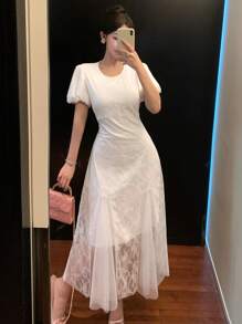 DAZY Women Tight Lace Crew Neck Waist Cinching Midi Dress - White - View 8