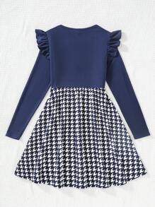 SHEIN 优雅复古女孩连衣裙，荷叶边袖，千鸟格，A 字格子拼接，适合春季、夏季、秋季、冬季、圣诞节、感恩节