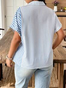 Breezaya Plus Size Women Blue & White Striped Patchwork Short Sleeve Shirt - Blue and White - View 2