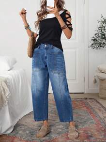 SHEIN LUNE 女士休闲水洗军刀形牛仔裤 - 藍色 - 查看 6