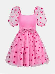 SHEIN Leap Crew Váy lưới vuông cổ vuông tay ngắn họa tiết trái tim thêu hoa thời trang đường phố cho bé gái tuổi teen, ngày lễ tình nhân - Hồng - Xem 1