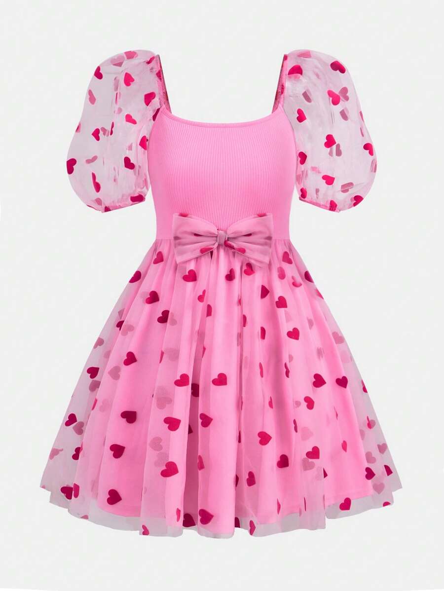 SHEIN Leap Crew Váy lưới vuông cổ vuông tay ngắn họa tiết trái tim thêu hoa thời trang đường phố cho bé gái tuổi teen, ngày lễ tình nhân - Hồng - Xem 1