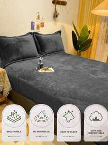 3 pièces Drap-housse en velours cristal gris charbon avec passepoil et 2 pièces taies d'oreiller, lavable en machine