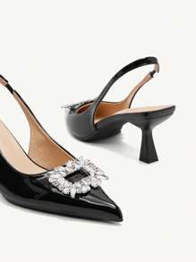 CUCCOO CHICEST 女士水钻扣尖头露跟小猫高跟鞋，优雅舒适的一脚蹬封闭式尖头派对礼服高跟鞋，适合秋冬季，黑色中跟鞋