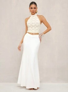 Lumalex White Floral Summer Elegant Date Women's Backless Halter Neck Blouse,Bohemian BOHO Beach Wedding Banquet Graduation Ceremony Premium Quality Top - Apricot - View 5