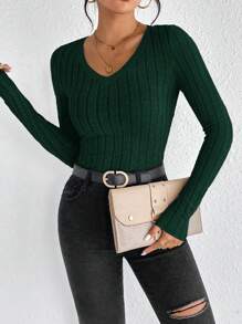 SHEIN Frenchy Casual Solid Color Slim Fit Long Sleeve T-Shirt, Spring/Autumn Winter Green Christmas - Dark Green - View 3