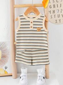 Loomiva 2pcs/Set Baby Boy Summer Cute Knitted Stripe Cartoon Pattern Tank Top And Shorts Set