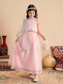 2pcs/Set Tween Girl Round Neck Sleeveless Embroidered Top And Skirt - Green - View 5