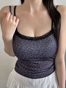 DAZY Women's Contrast Lace Ditsy Floral Fitted Cami Top, Spring/Summer Delicate Lace - Navy Blue - View 1