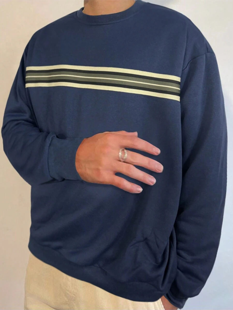 SHEIN Manfinity Dauomo Men's Striped Crew Neck Long Sleeve Casual Sweatshirt, Autumn/Winter