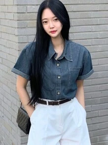 DAZY Women's Plain Denim Lapel Short Sleeve Blouse, Spring/Summer - Dark Wash - View 3