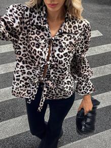 SHEIN Essnce Women Leopard Print Bowknot Front Long Sleeve Shirt With Puff Sleeves, Spring/Summer