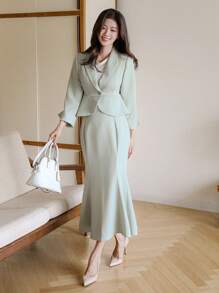DAZY Bộ vest và chân váy màu trơn ôm dáng dành cho nữ, trang phục công sở mùa thu, lễ Phục sinh. - màu xanh lá - Xem 4