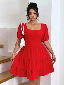 Celure Vestido rojo de talla grande para mujer con escote cuadrado, mangas cortas y nudo en la espalda, elegante y tejido - Rojo - Ver 3