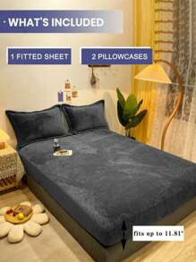 3 pièces Drap-housse en velours cristal gris charbon avec passepoil et 2 pièces taies d'oreiller, lavable en machine