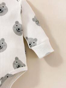 SHEIN New Born Baby Cartoon Bear Pattern Long Sleeve Bodysuit And Pants Set - Navy Blue - View 8