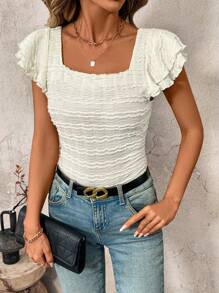 SHEIN Clasi Women Square Collar Casual Short Cap Sleeve T-Shirt, Spring/Summer Spring Women Outfits
