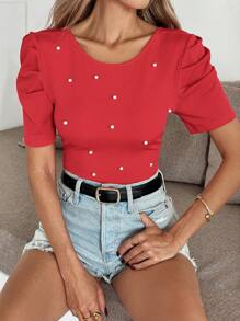 SHEIN Clasi Women's Fashion Elegant Bodycon T-Shirt With Back Pearl Decor, Red Top