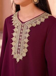 Tween Girl Elegant Lace Trim Long Dress - Burgundy - View 3