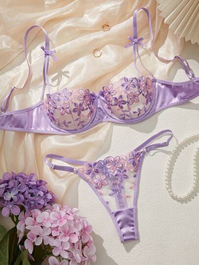 Paars Romantic Bloemen Geborduurde Women Verleidelijke Lingerie Set view 5