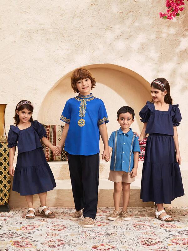 SHEIN Camisa de manga corta con cuello alto y estampado geométrico informal para niño preadolescente, adecuada para otoño, primavera, verano - juegos al aire libre, escuela, estilo callejero, fiestas y ocio