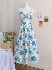 Soleia Sexy & Romantic Gradient Print Plunging Neckline Backless Tie Strap Vintage Dress, Suitable For Vacation, Music Festival, Bohemian, Holiday Date, Spring, Valentine's Day Afternoon Tea